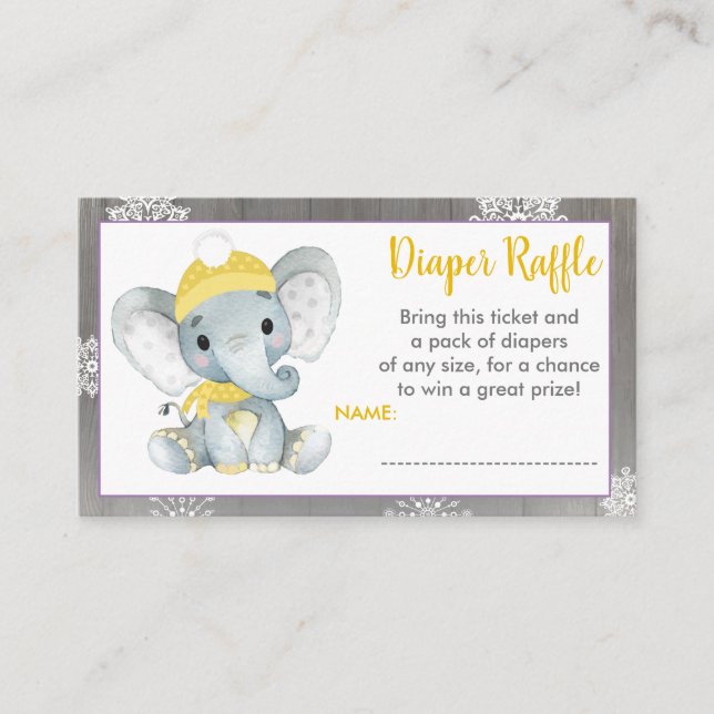Yellow Elephant diaper raffle ticket winter Enclosure Card (Front)