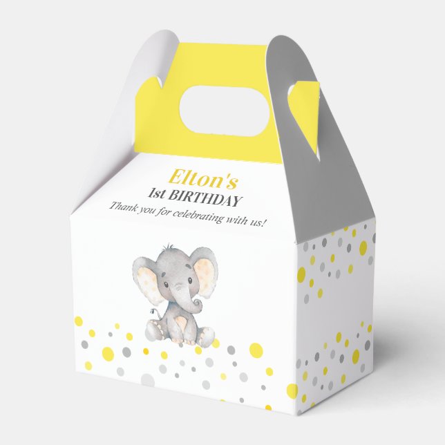 Yellow Elephant First Birthday Party Little Peanut Favour Box (Front Side)