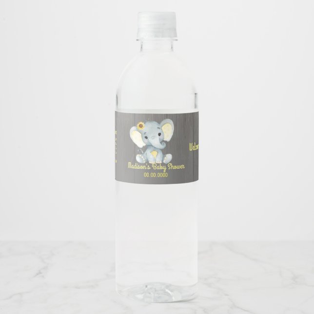 Yellow Elephant water bottle label for girl (Front)