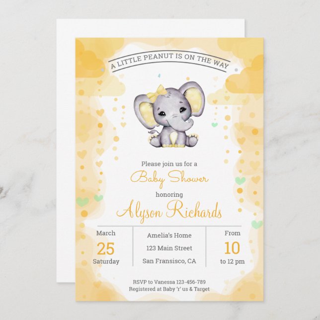 Yellow elephant Watercolor Baby Shower Invitation (Front/Back)