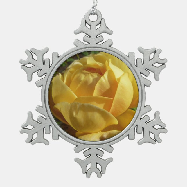 Yellow English Rose Snowflake Pewter Christmas Ornament (Front)