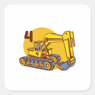 Yellow Excavator - 4th Bithday Gift Square Sticker