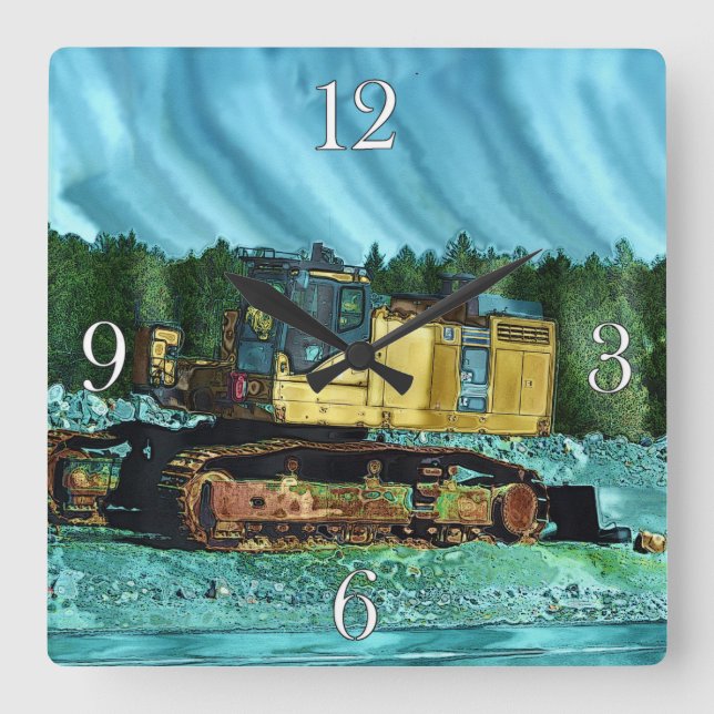 Yellow Excavator Earth-Mover Art Gift Square Wall Clock (Front)