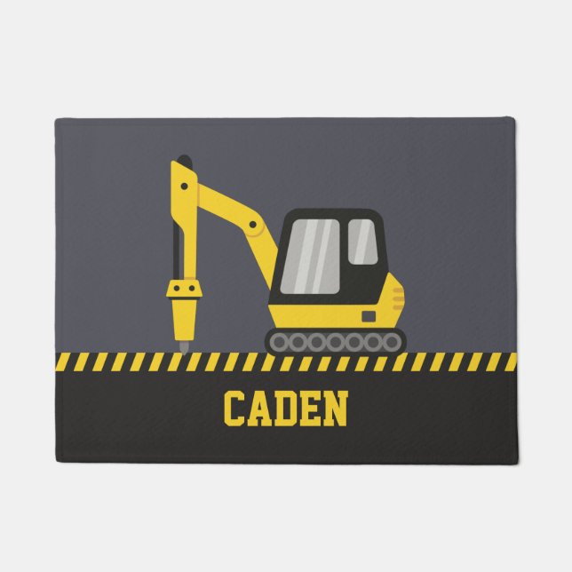 Yellow Excavator With Breaker Part Kids Name Doormat (Front)