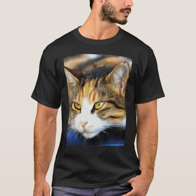 Yellow Eyed Calico Cat Realistic Pet Portrait 1 T-Shirt (Front)