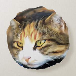 Yellow Eyed Calico Cat Realistic Pet Portrait Round Cushion