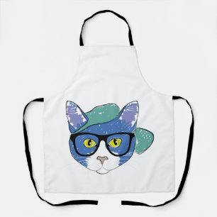 YELLOW-EYED CAT IN BLACK GLASSES AND GREEN CAP APRON