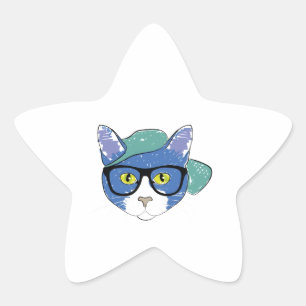 YELLOW-EYED CAT IN BLACK GLASSES AND GREEN CAP STAR STICKER