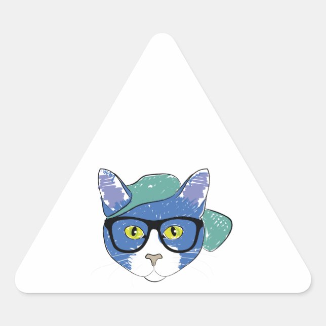 YELLOW-EYED CAT IN BLACK GLASSES AND GREEN CAP TRIANGLE STICKER (Front)