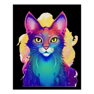 Yellow Eyed Colourful Cat Poster