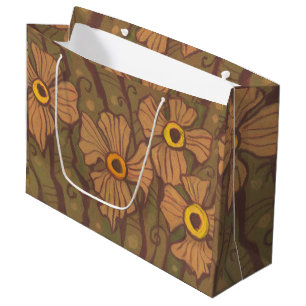 Yellow-eyed flowers, floral art,olive green brown large gift bag