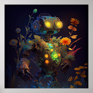 Yellow Eyes Tropical Flowers Robot Poster
