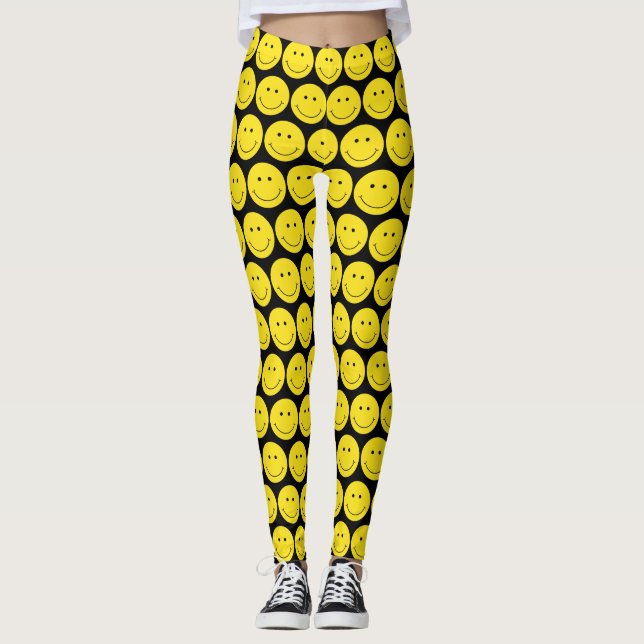 Yellow Face Grinning Smile Leggings (Front)