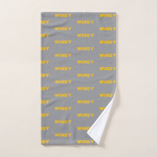 Yellow faded custom text on grey hand towel
