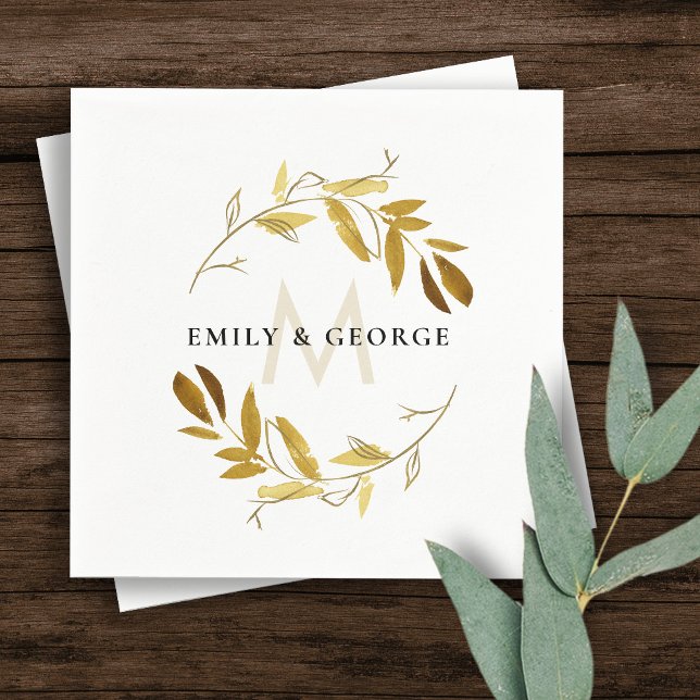 YELLOW FALL GOLD FOLIAGE WREATH MONOGRAM WEDDING NAPKIN (Creator Uploaded)