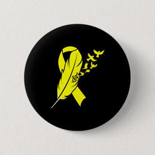 Yellow feather ribbon - bone cancer awareness  6 cm round badge