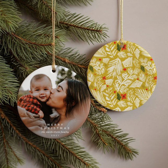 Yellow Festive Botanical Photo Ceramic Ornament (Yellow festive botanical watercolor ornament featuring personalized names and photo.)