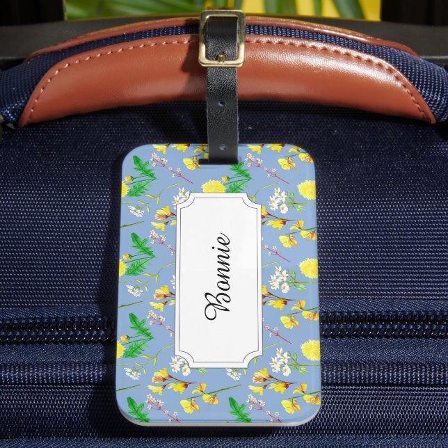 Yellow field flowers on blue luggage tag (Front Insitu 2)