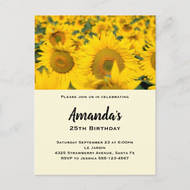 Yellow Field of Sunflowers Birthday Invitation Postcard (Front)