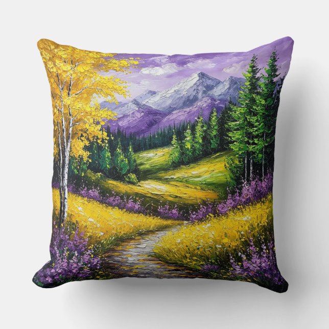 Yellow Fields, Flowers,Snow-Capped Mountains Cushion (Front)