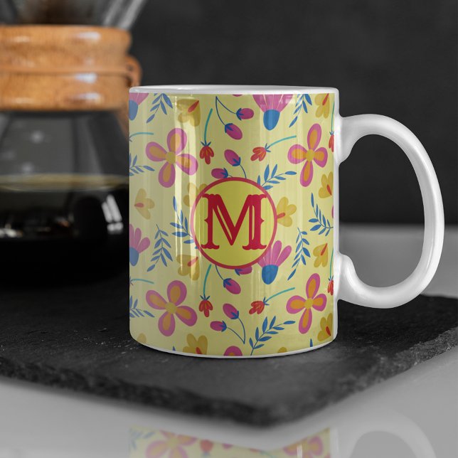 Yellow Fiesta Floral Customised Initial  Coffee Mug (Yellow Fiesta Style Monogram Coffee Mug)