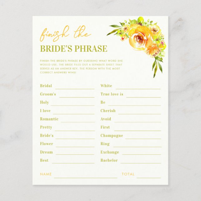 Yellow Finish the Brides Phrase Bridal Shower Game (Front)