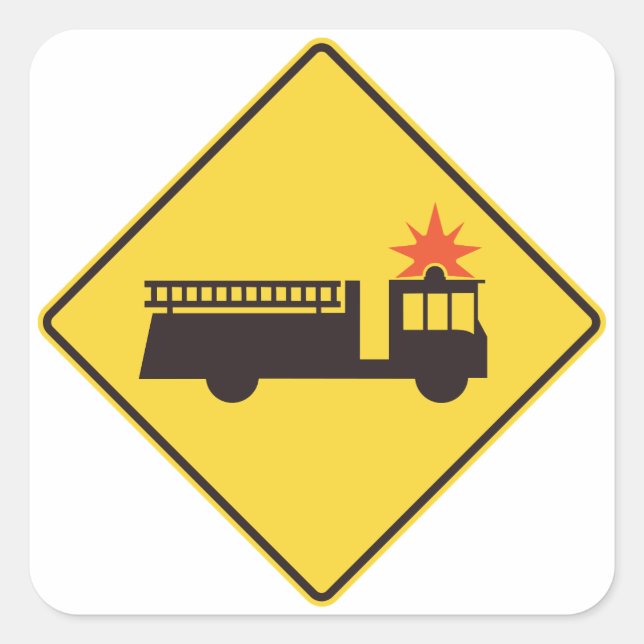 Yellow Fire Truck Warning Sign Square Sticker (Front)
