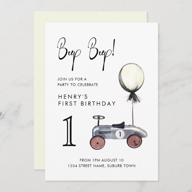 Yellow First Birthday Vintage Race Car Invitation (Front/Back)
