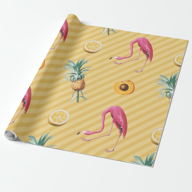 Yellow Flamingo Mango Lemon Pattern Wrapping Paper (Unrolled)