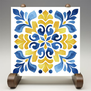 Yellow Fleur-de-Lis Azulejo Print Ceramic Tile
