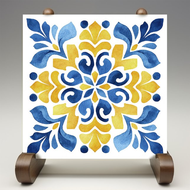 Yellow Fleur-de-Lis Azulejo Print Ceramic Tile (Creator Uploaded)