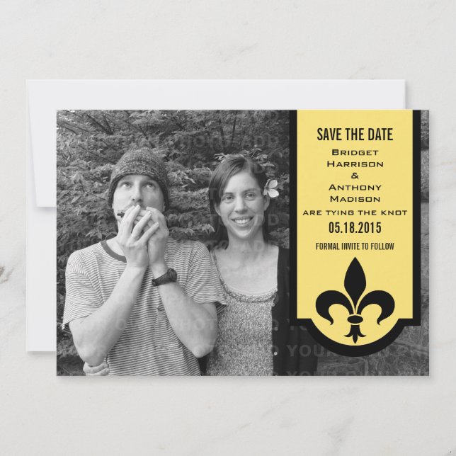 Yellow Fleur De Lis Banner Save the Date Invite (Front)
