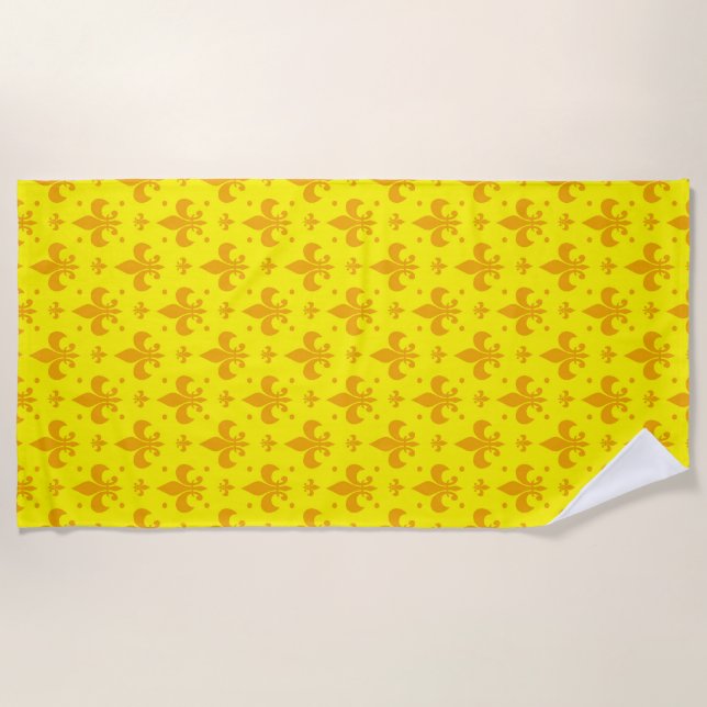 Yellow Fleur-de-lis Pattern Design  Beach Towel (Front)