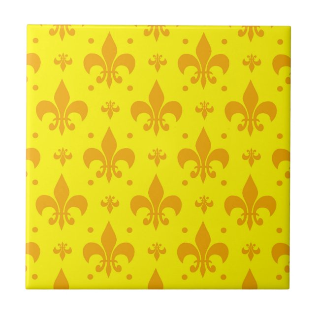 Yellow Fleur-de-lis Pattern Design  Ceramic Tile (Front)