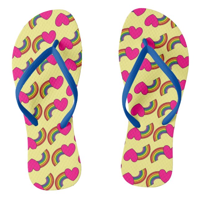 Yellow Flip Flops With Pink Hearts and Rainbows  (Footbed)