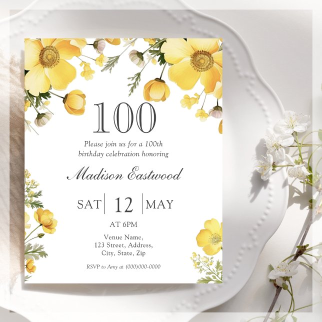 Yellow Floral 100th Birthday Budget Invitation (Creator Uploaded)