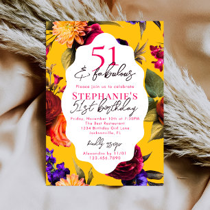 Yellow Floral 51 & Fabulous 51st Birthday Party Invitation