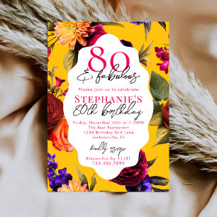 Yellow Floral 80 & Fabulous 80th Birthday Party Invitation