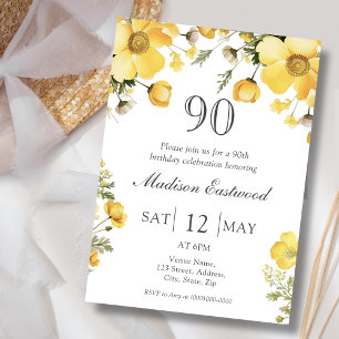 Yellow Floral 90th Birthday Invitation