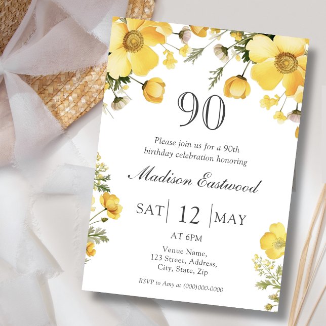 Yellow Floral 90th Birthday Invitation (Creator Uploaded)