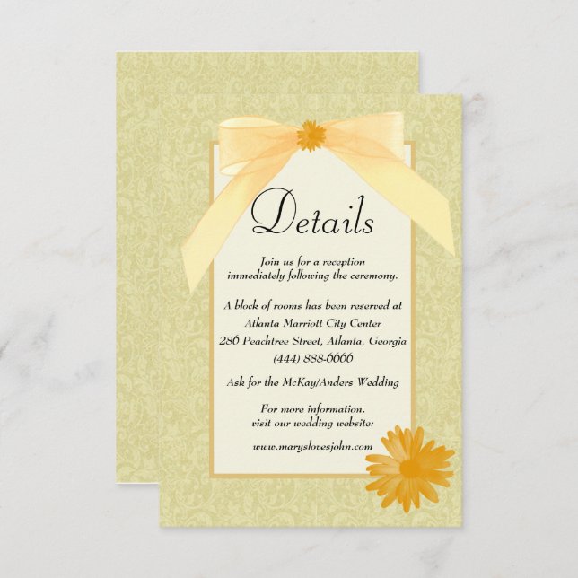 Yellow Floral And Bow Wedding Details Enclosure Card (Front/Back)