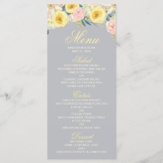 Yellow Floral and Grey Wedding Menu Card