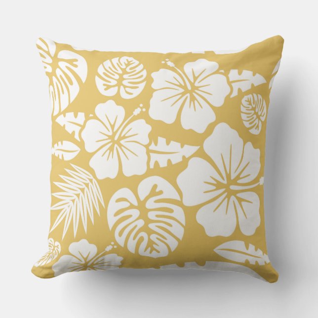 Yellow Floral and Leaves Tropical Hawaiian Cushion (Front)