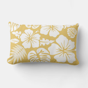 Yellow Floral and Leaves Tropical Hawaiian Lumbar Cushion