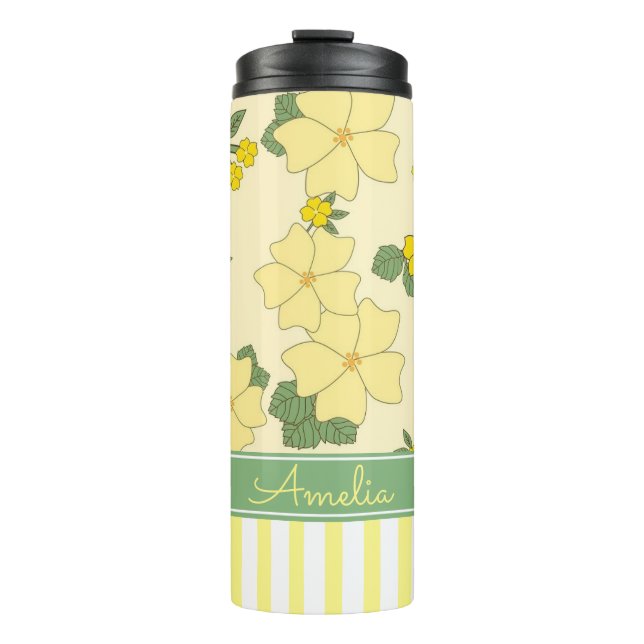 Yellow Floral and Stripes Personalised Thermal Tumbler (Front)