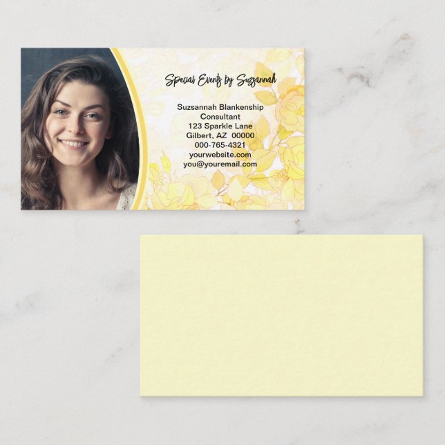 Yellow Floral Art Professional Photo  Business Card (Front/Back)