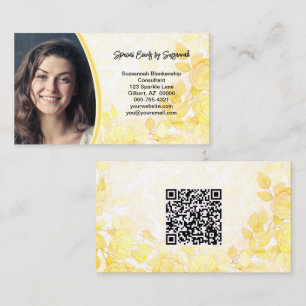 Yellow Floral Art Professional Photo with QR Code Business Card