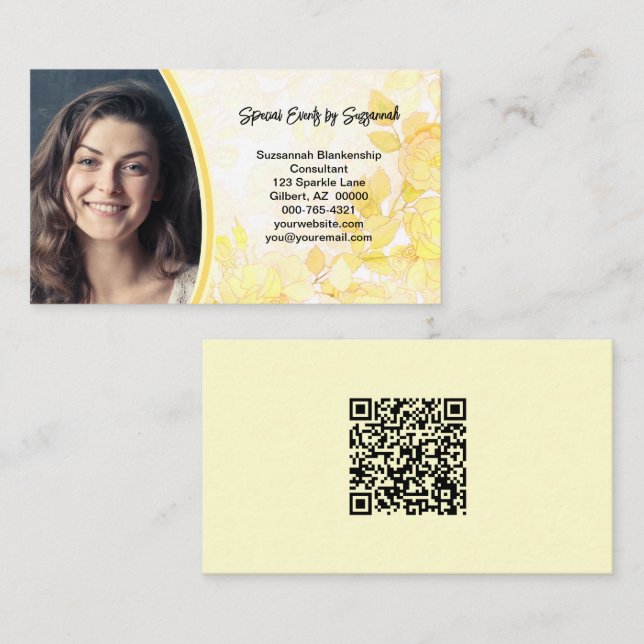 Yellow Floral Art Professional Photo with QR Code Business Card (Front/Back)