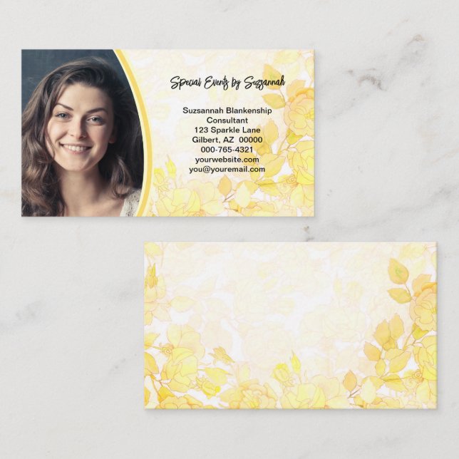 Yellow Floral Art with Professional Custom Photo  Business Card (Front/Back)