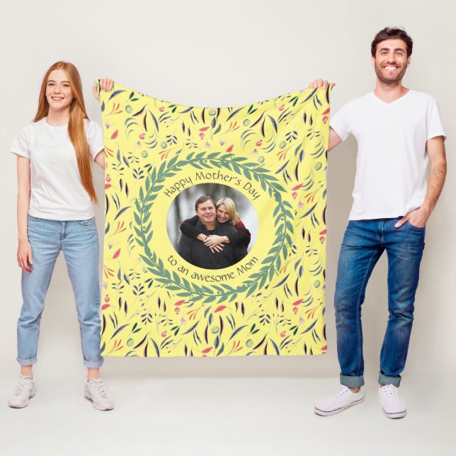 Yellow Floral AWESOME MOM with PHOTO Mother's Day Fleece Blanket (In Situ)